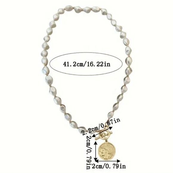 Lab Pearl Beaded Clavicle Necklace Personalized OT Portrait Round Tag Pendant - Picture 4 of 9